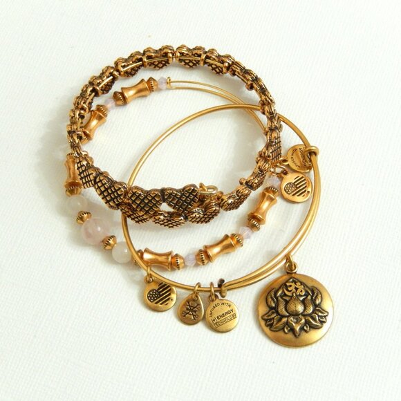 Alex and Ani 3 Pc Bracelet Set Rose Gold Hearts Lotus Peace Petals Rose Quartz - Picture 4 of 10